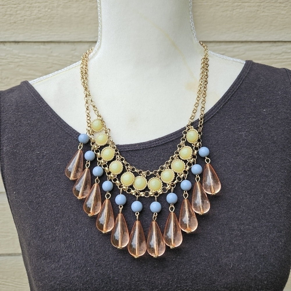 multicolor gold tone bib statement necklace blue yellow peach